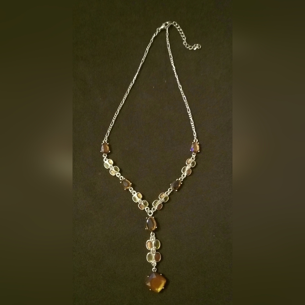 Vintage "Shades of Amber" Gold Plated Necklace w/Drop Stone Pendant-Very Nice!!
